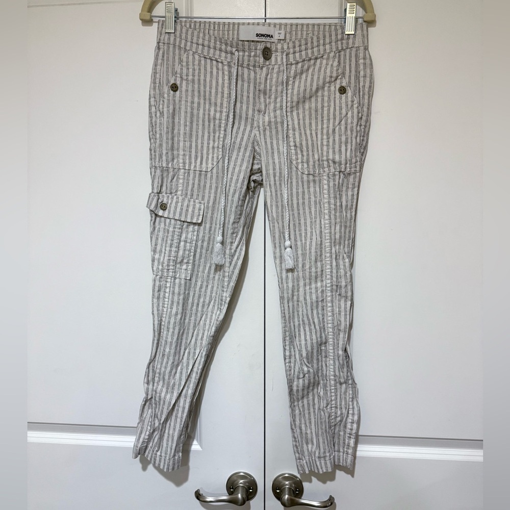 Sonoma Gray/Off White Linen Blend Cargo Striped Pants